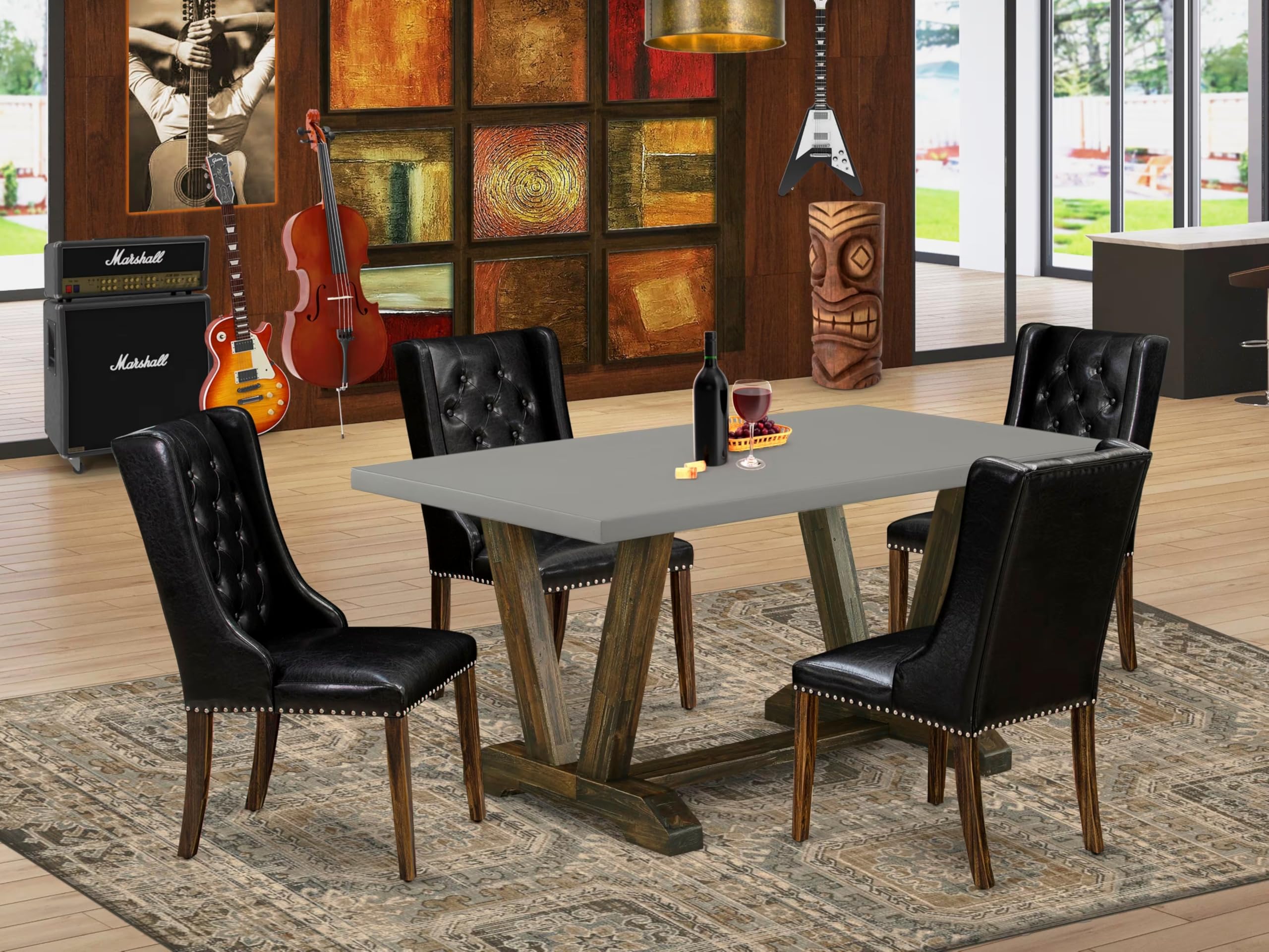 East West Furniture V796FO749-5 5 Piece Modern Dining Table Set Includes a Rectangle Wooden Table with V-Legs and 4 Black Faux Leather Parson Dining Room Chairs, 36x60 Inch, Multi-Color